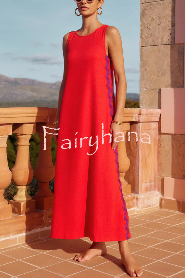 Vacation Villa Side Ric Rac Wave Trim Slit Loose Maxi Dress
