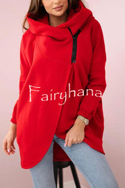 Solid Color Loose Hooded Zip-up Casual Sports Jacket