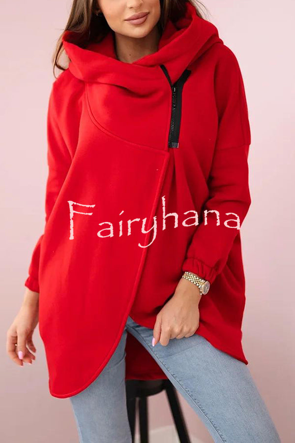 Solid Color Loose Hooded Zip-up Casual Sports Jacket