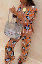 Mediterranean Art Knit Unique Sun Vortex Print Elastic Waist Wide Leg Pants