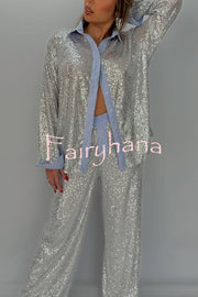Fashion Sequined Loose Long-sleeved Shirt and Casual Elastic Waist Wide-leg Pants Set