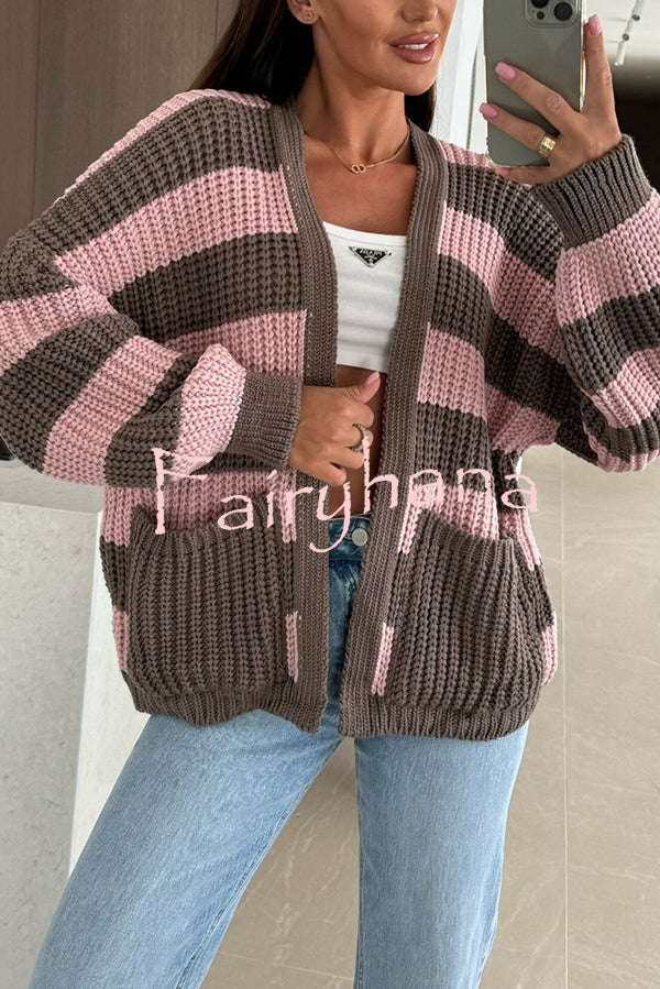 Fashionable Patchwork Striped Casual Pocket Knitted Sweater