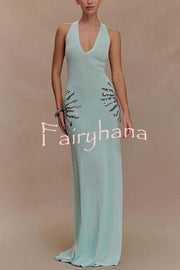 Sparkling Nights Knit Sunburst Sequin Detail Back Cross Straps Stretch Maxi Dress