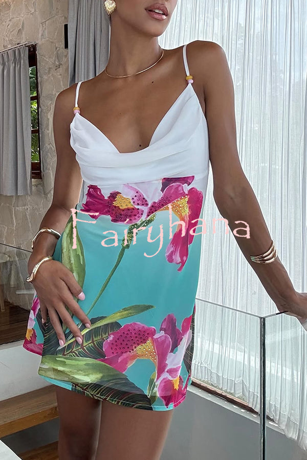 Fresh Summer Floral Print Cowl Neck Slip Mini Dress