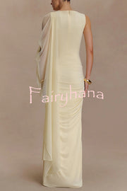 Fashionable Mesh Shawl Sleeveless Slim Fit Pleated Maxi Dress