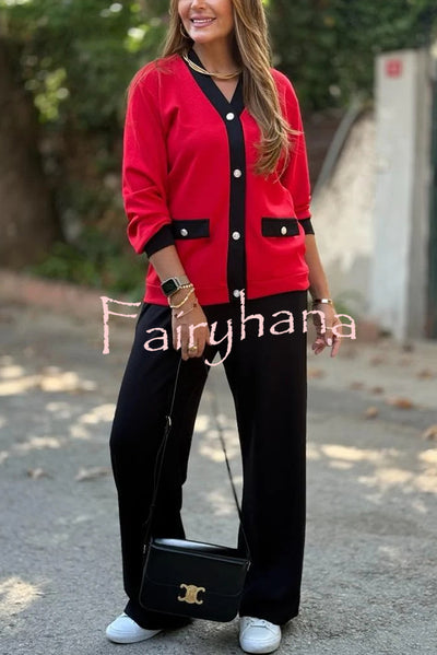 Stylish Color-blocked V-neck Knitted Button-down Cardigan and Elastic Waist Casual Wide-leg Pants Set