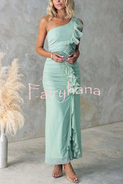 Fashion One-shoulder Pleated Sexy High Slit Slim Dress