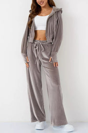 Solid Color Velvet Hooded Zip-up Sweatshirt and Elastic Waist Casual Pocket Straight-leg Pants Set