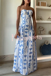 Freya Linen Blend Floral Wave Print Ruched Bust Strapless Maxi Dress
