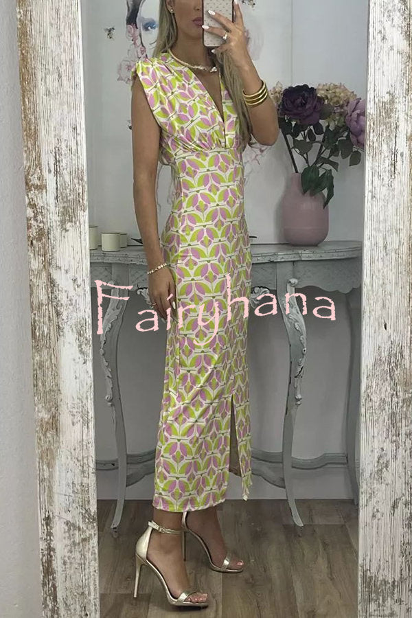 Forever Here Printed Padded Shoulder Front Center Slit Midi Dress