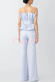 Every Occasion Crepe Panel Ruffles Strapless Top and High Rise Pocketed Flare Pants Set