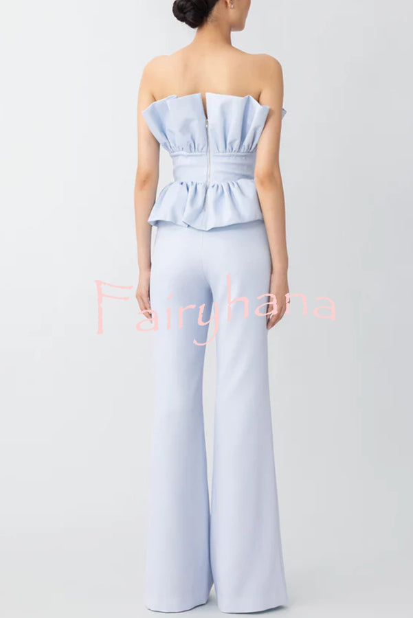 Every Occasion Crepe Panel Ruffles Strapless Top and High Rise Pocketed Flare Pants Set