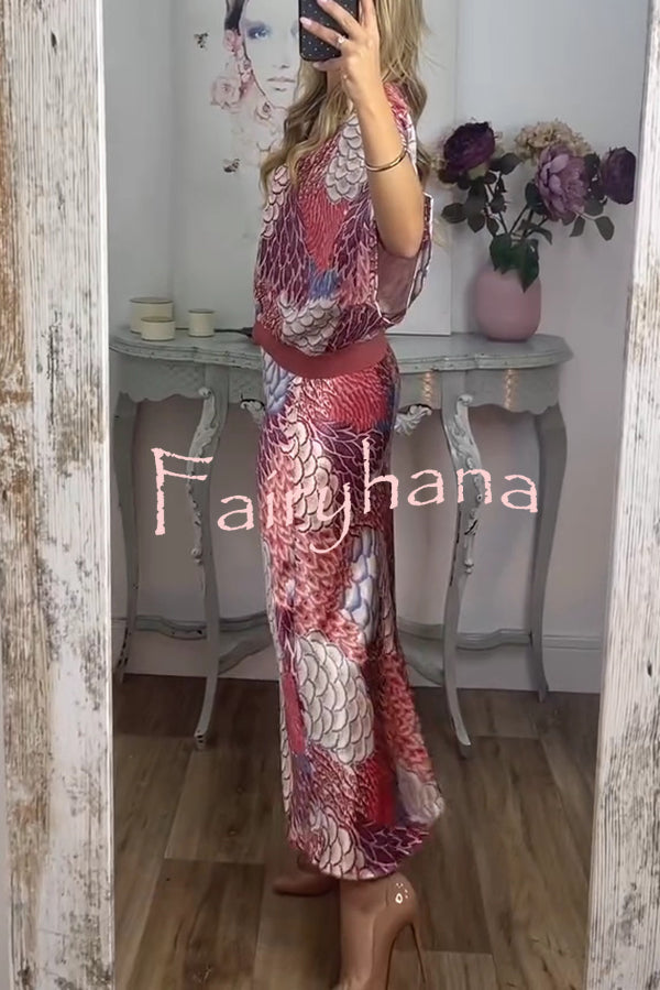 Satin Floral Print V-neck Half-sleeve Loose Top and Elegant Maxi Skirt Set