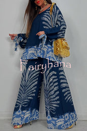 Unique Print Loose Drawstring Long Sleeve Top and Elastic Waist Casual Pocket Wide Leg Pants Set