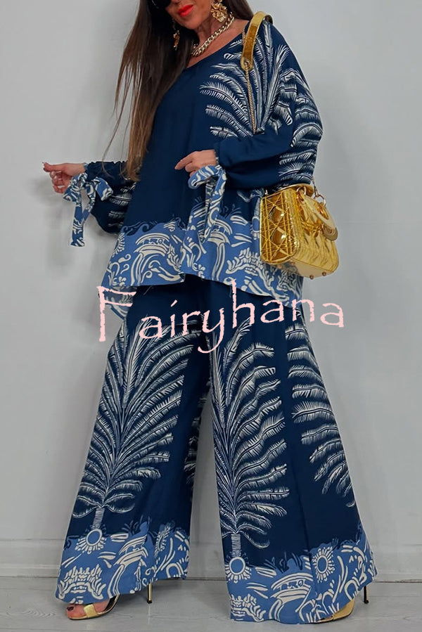 Unique Print Loose Drawstring Long Sleeve Top and Elastic Waist Casual Pocket Wide Leg Pants Set