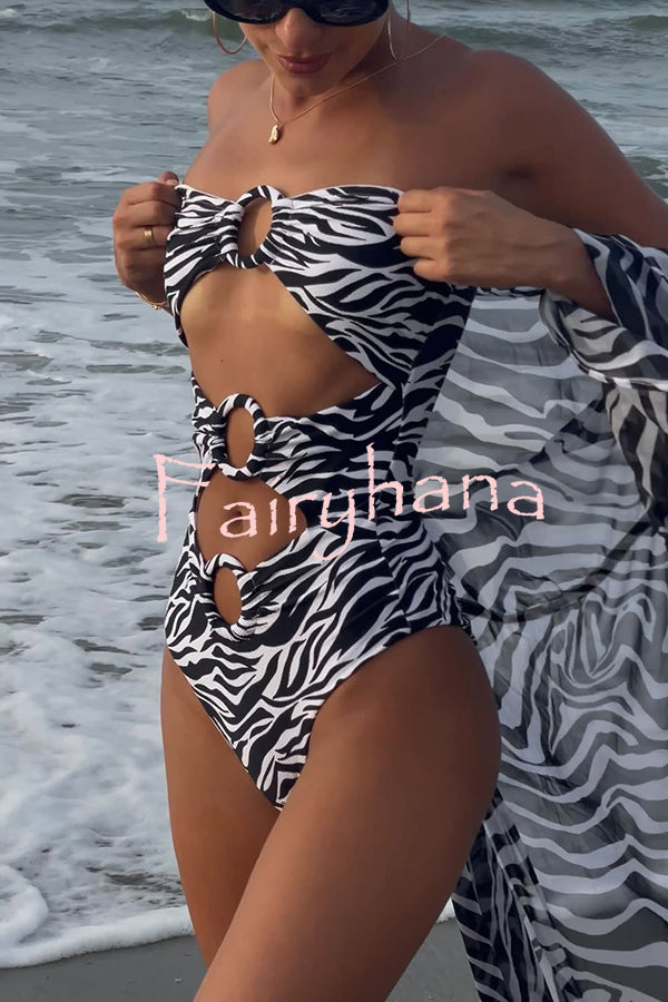 Marsie Zebra-print Ring Cutout Details Off Shoulder Stretch One-Piece Swimsuit