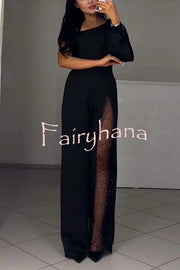 Fashionable Oblique Shoulder One-sleeve Sexy High Slit Slim Jumpsuit
