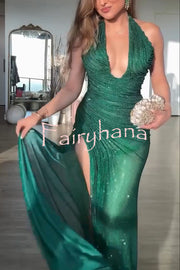 Edeita Sequin Pleated Design Deep Halter U-neck Slit Drape Gown Maxi Dress