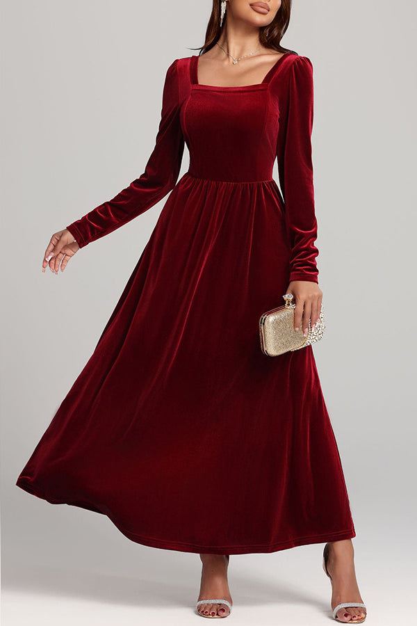 Solid Color Velvet Square Neck Long Sleeve Elegant Maxi Dress