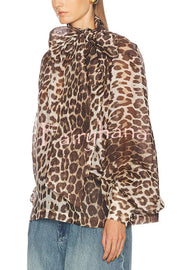 Arianne Chiffon Leopard Print Bow Neck Long Balloon Sleeve Loose Blouse