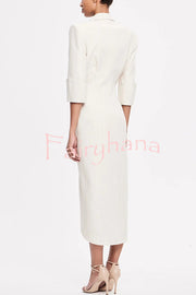 Elegant Look Linen Blend Stand Lapel Neck Half Sleeve Side Button Midi Dress