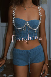Mirina Hollow Crochet Knit Pearl Trim Heart Collar Crop Vacation Tank