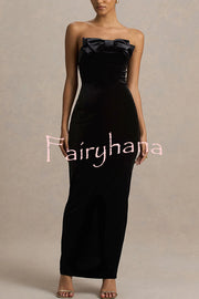 Illusion Velvet Bandeau neck Bow detail Stretch Maxi Dress