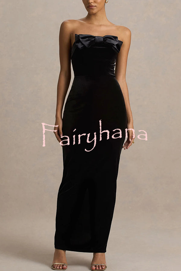 Illusion Velvet Bandeau neck Bow detail Stretch Maxi Dress