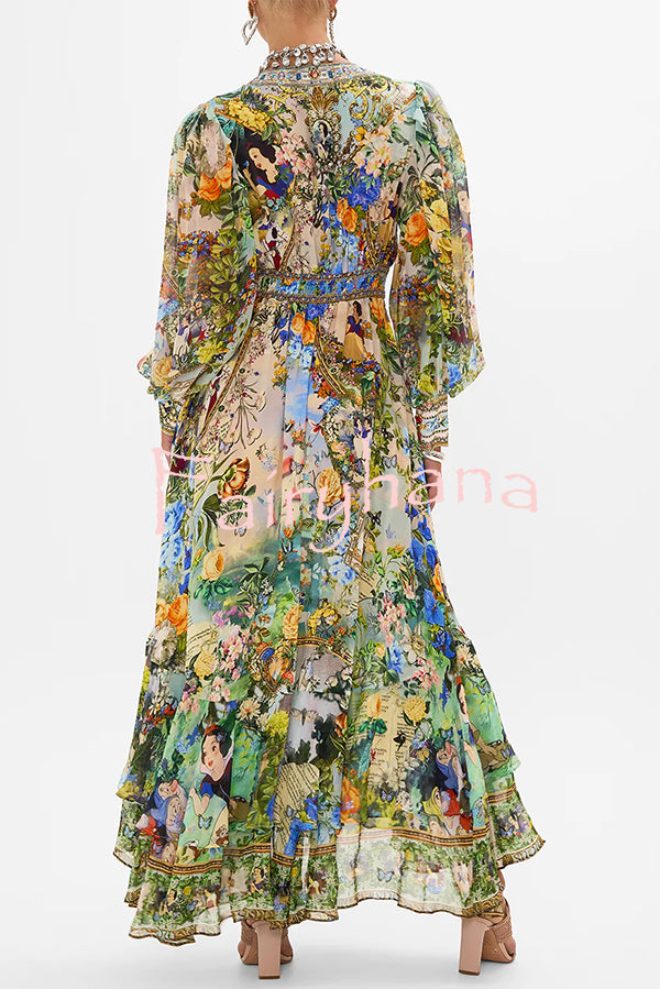 Fairy Tale Print V-Neck Lantern Sleeve Waist Maxi Dress