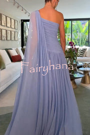 End of Light Chiffon One Shoulder Single-sleeve Shawl Ruched Maxi Dress