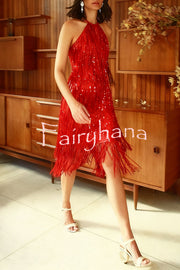 Sexy Sleeveless Halter Neck Tassel Sequin Mini Dress
