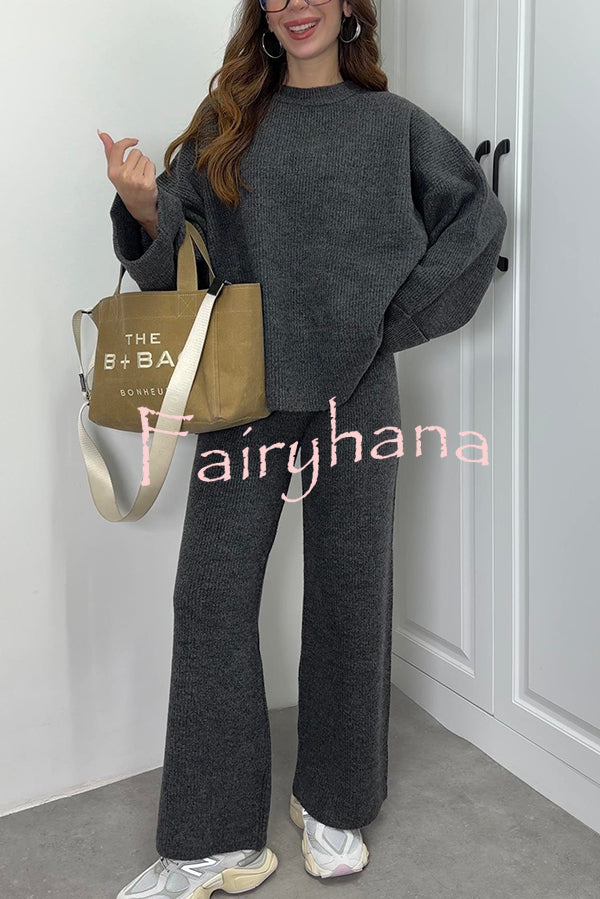 Solid Color Loose Long-sleeved Knit Top and Elastic Waist Casual Straight Leg Pants Set