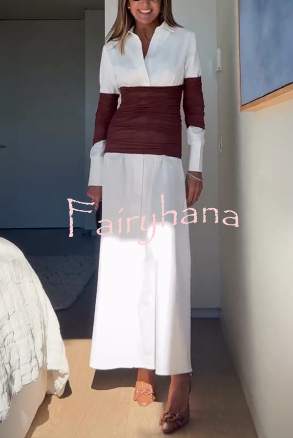 Fashionable Pleated Contrast Patchwork Waist Long Sleeve Button Shirt Maxi Dress