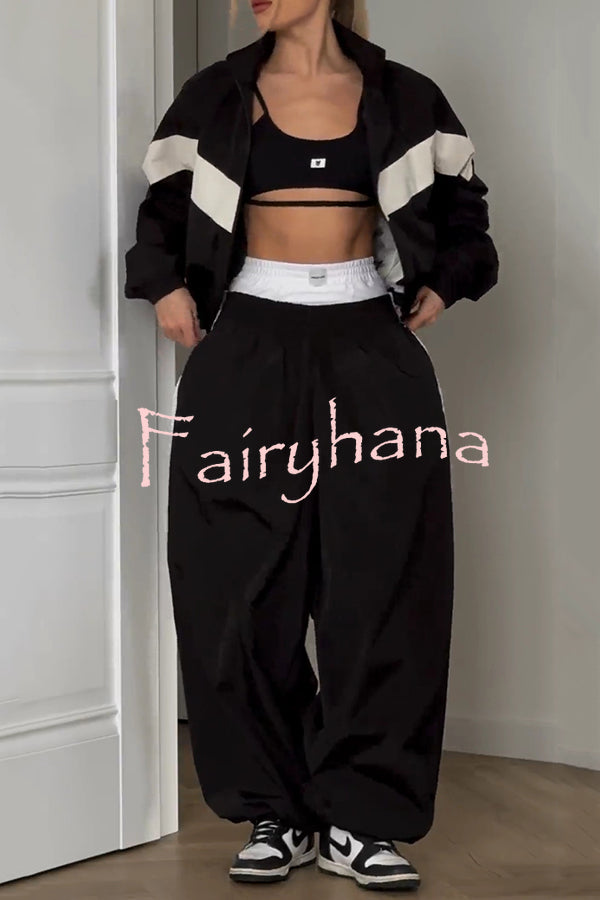 Fashionable Contrasting Long-sleeved Loose Coat and Elastic Waist Wide-leg Pants Set