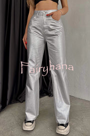 Stylish Metallic Fabric Pocket Casual Straight Wide-Leg Pants