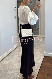 Lainei Contrast Color Satin Lace Trim V-neck Long Sleeve Maxi Dress
