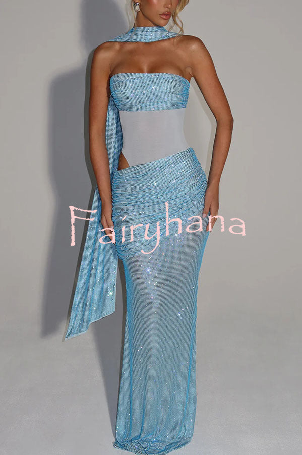 Kailani Sequin Strapless Mesh Cutout Waist Ruched Scarf Maxi Dress