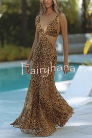 Elegant Wildness Leopard Print Elasticated Cutouts Slip Maxi Dress