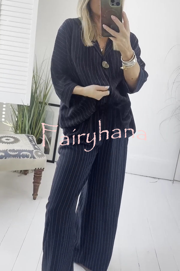 Fashion Striped Print Lapel Loose Top and Elastic Waist Casual Wide-leg Pants Set