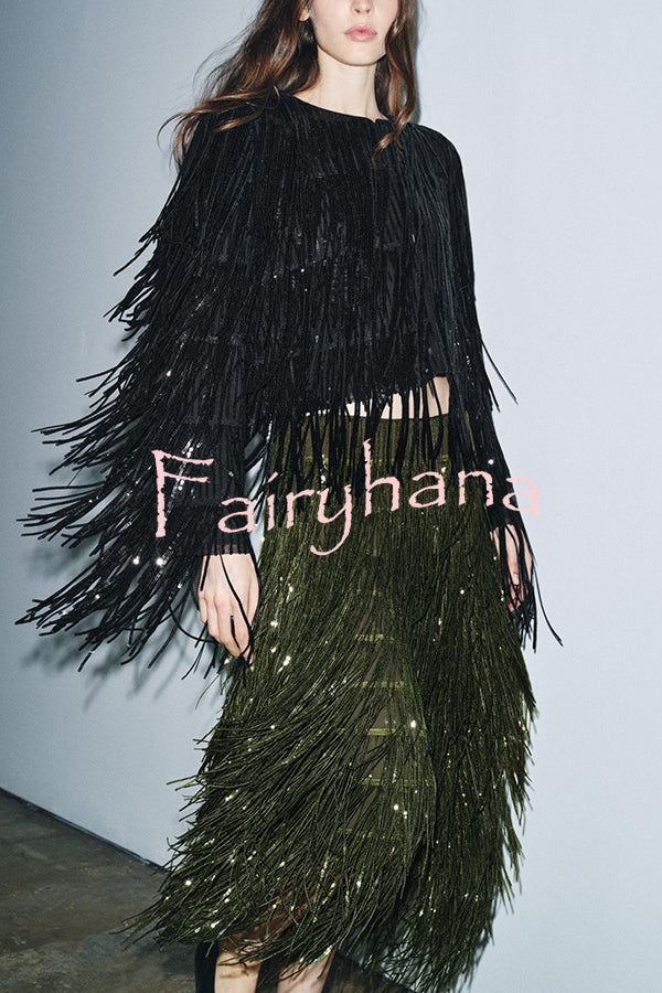 Stylish Sequined Tassel Elegant Midi Skirt