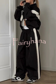 Fashionable Contrasting Long-sleeved Loose Coat and Elastic Waist Wide-leg Pants Set