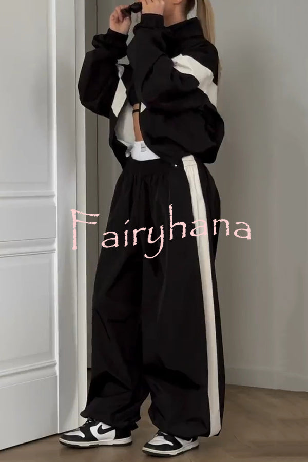 Fashionable Contrasting Long-sleeved Loose Coat and Elastic Waist Wide-leg Pants Set