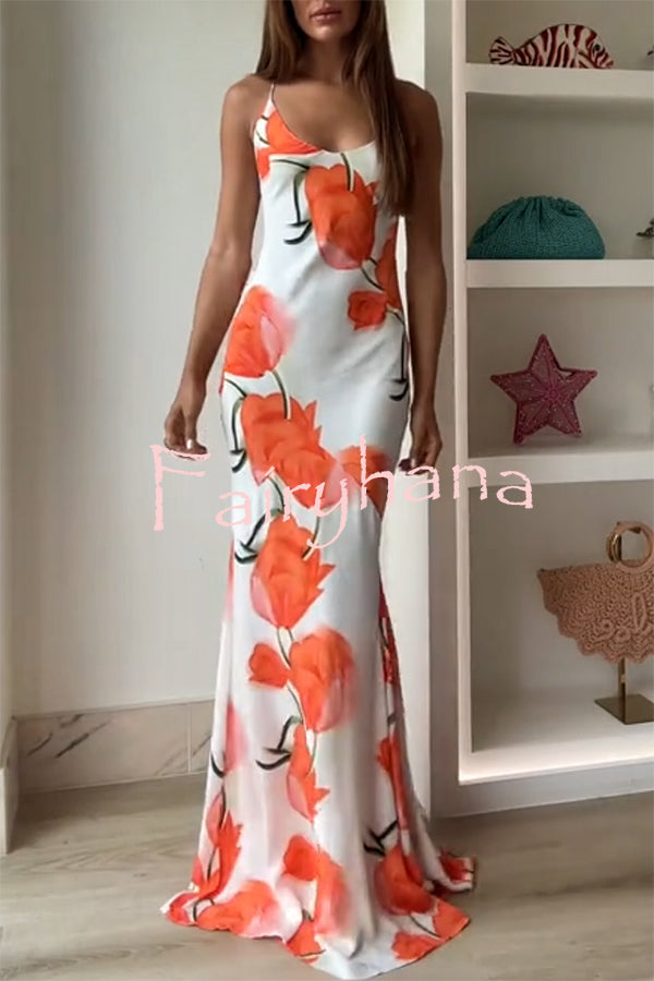 Charming Tulip Print Backless Crisscross Straps Flare Scarf Maxi Dress