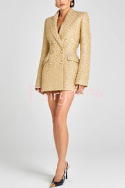 Heels Click Tweed Fabric Pearl Button Long Sleeve Lapel Blazer Mini Dress