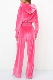 Solid Color Velvet Hooded Zip-up Sweatshirt and Elastic Waist Casual Pocket Straight-leg Pants Set