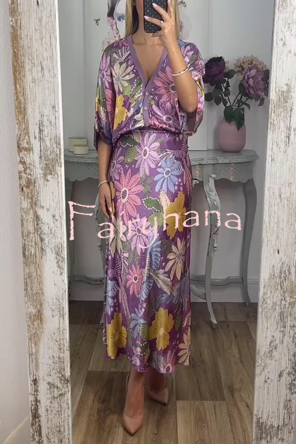 Satin Floral Print V-neck Half-sleeve Loose Top and Elegant Maxi Skirt Set