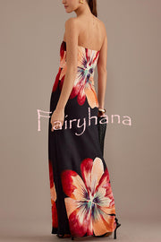Charming Lady Satin Floral Print Bandeau Loose Maxi Dress