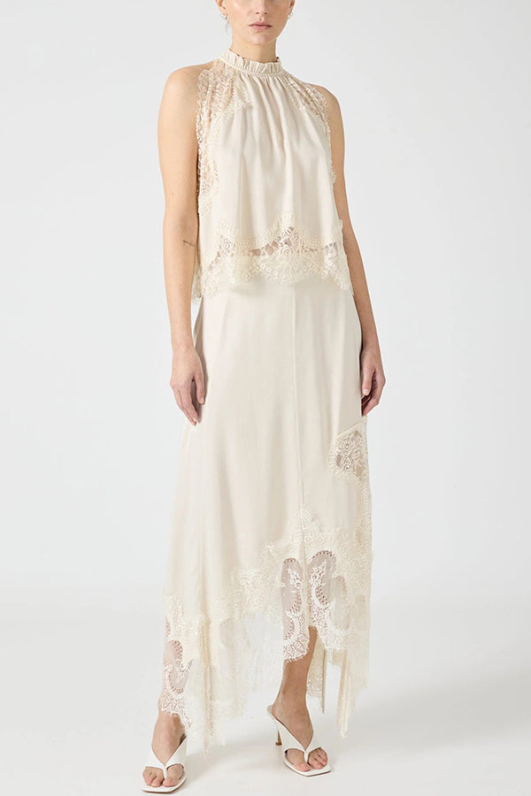 Modern Muse Satin Lace Trim Pleated Neck Top and A-line Irregular Slit Skirt Set
