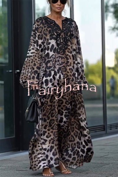 Rayna Lace Mixed Leopard Print Balloon Sleeve A-line Maxi Dress
