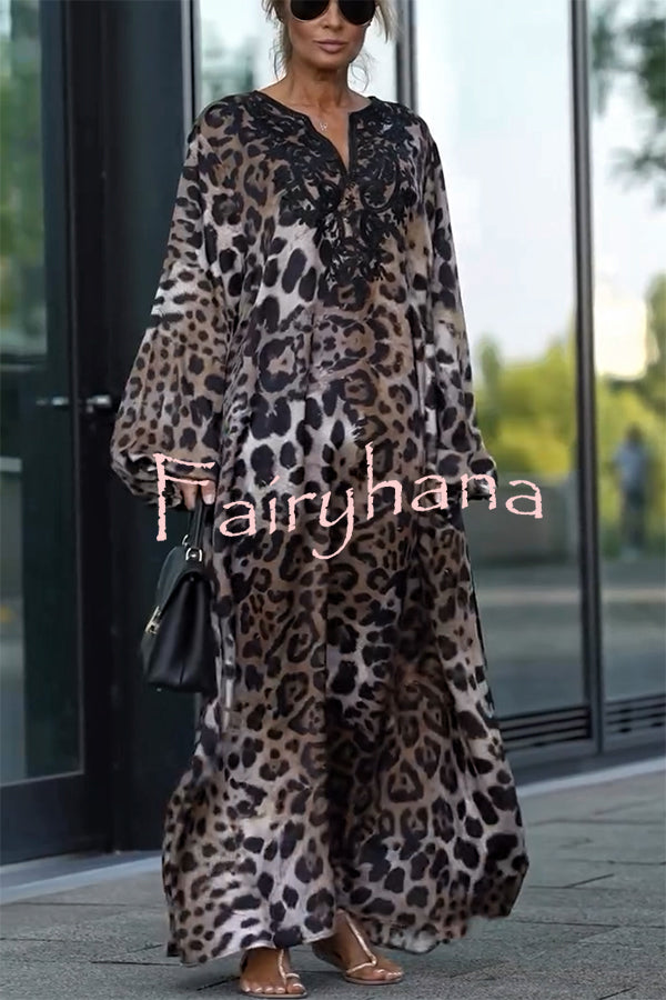 Rayna Lace Mixed Leopard Print Balloon Sleeve A-line Maxi Dress